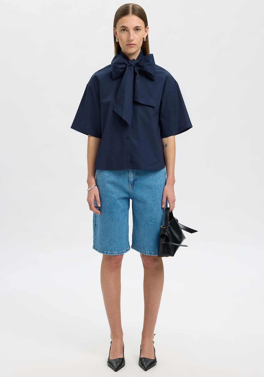 SELECTED Aya Juno Bow Shirt in Dark Sapphire