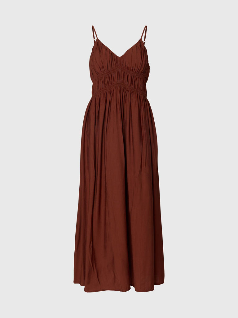 cherry brown dress SELECTED Femme Jackie Strap Ankle - Mahogany Web Collection: Drape and Detail Laurell Sheer Lace Long Detachable orchid brooch on Color:Hot Pink Garden