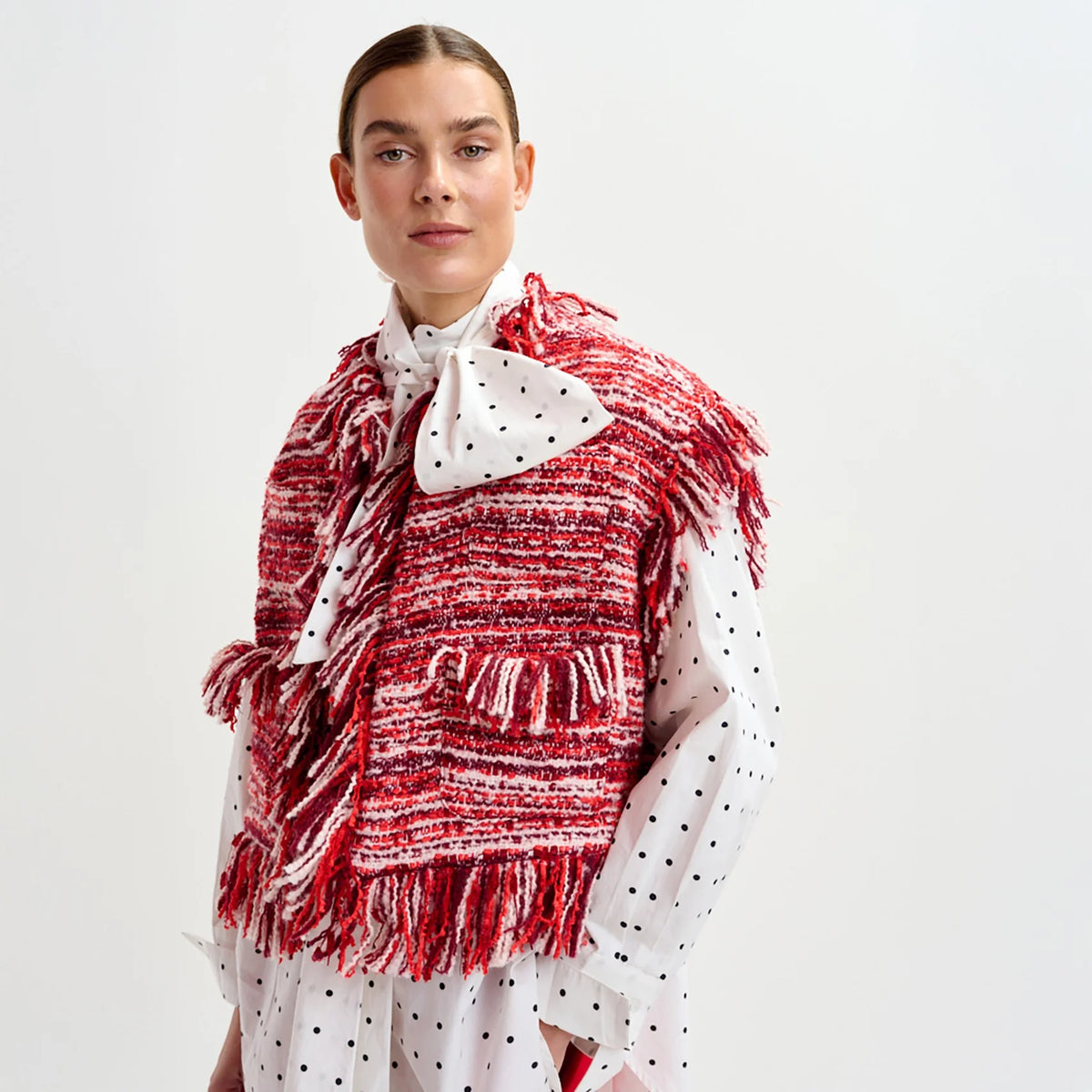 Essentiel Antwerp Ishani Fringed Gilet in Santa Claus