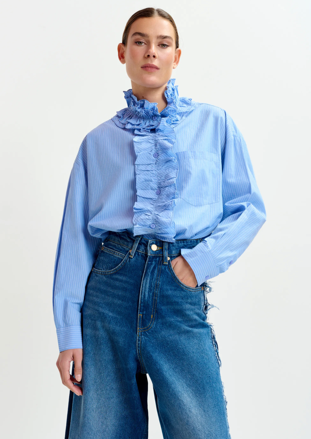 Essentiel Antwerp Ipojuca Ruffle Neckline Shirt in Pale Blue