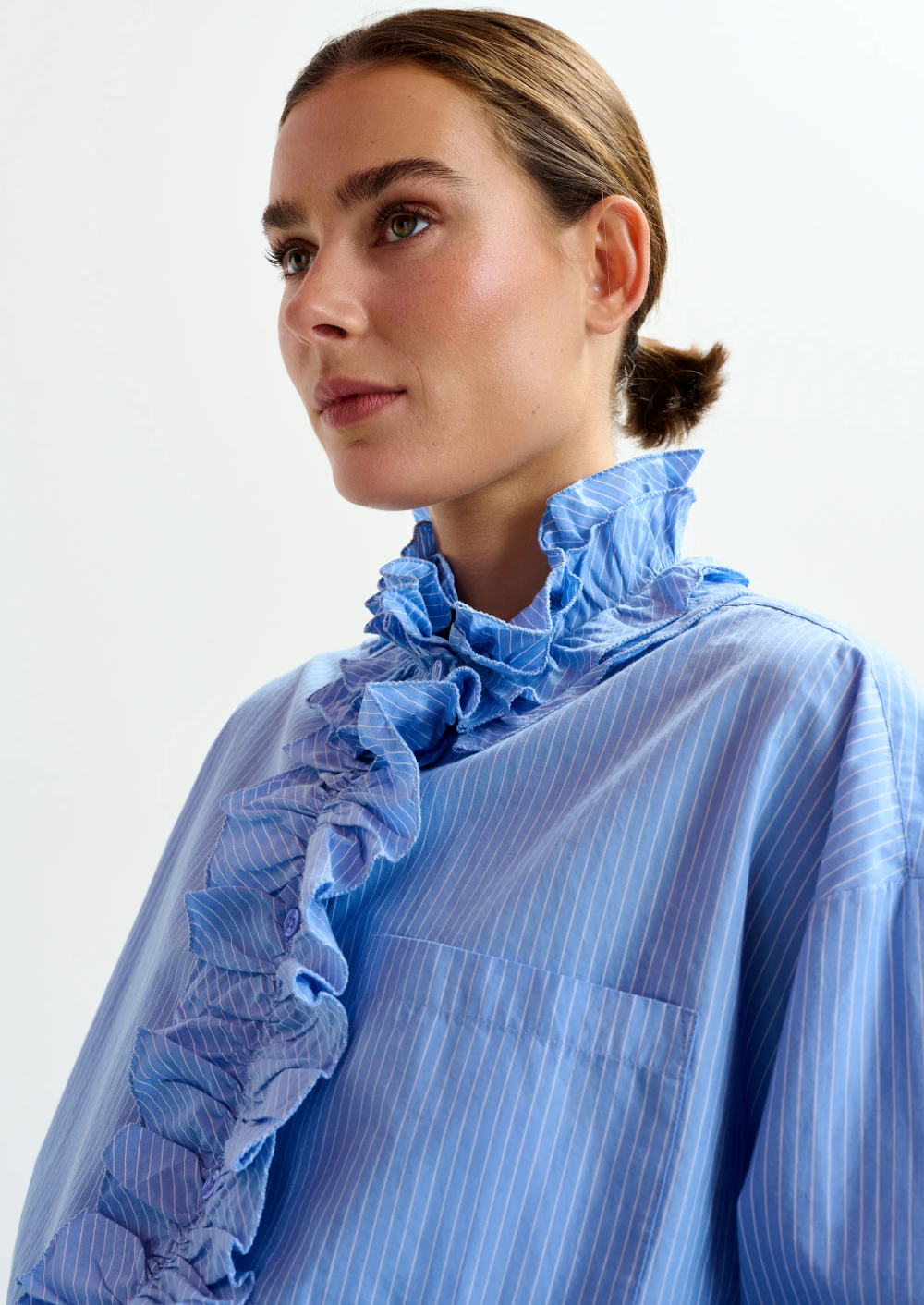 Essentiel Antwerp Ipojuca Ruffle Neckline Shirt in Pale Blue