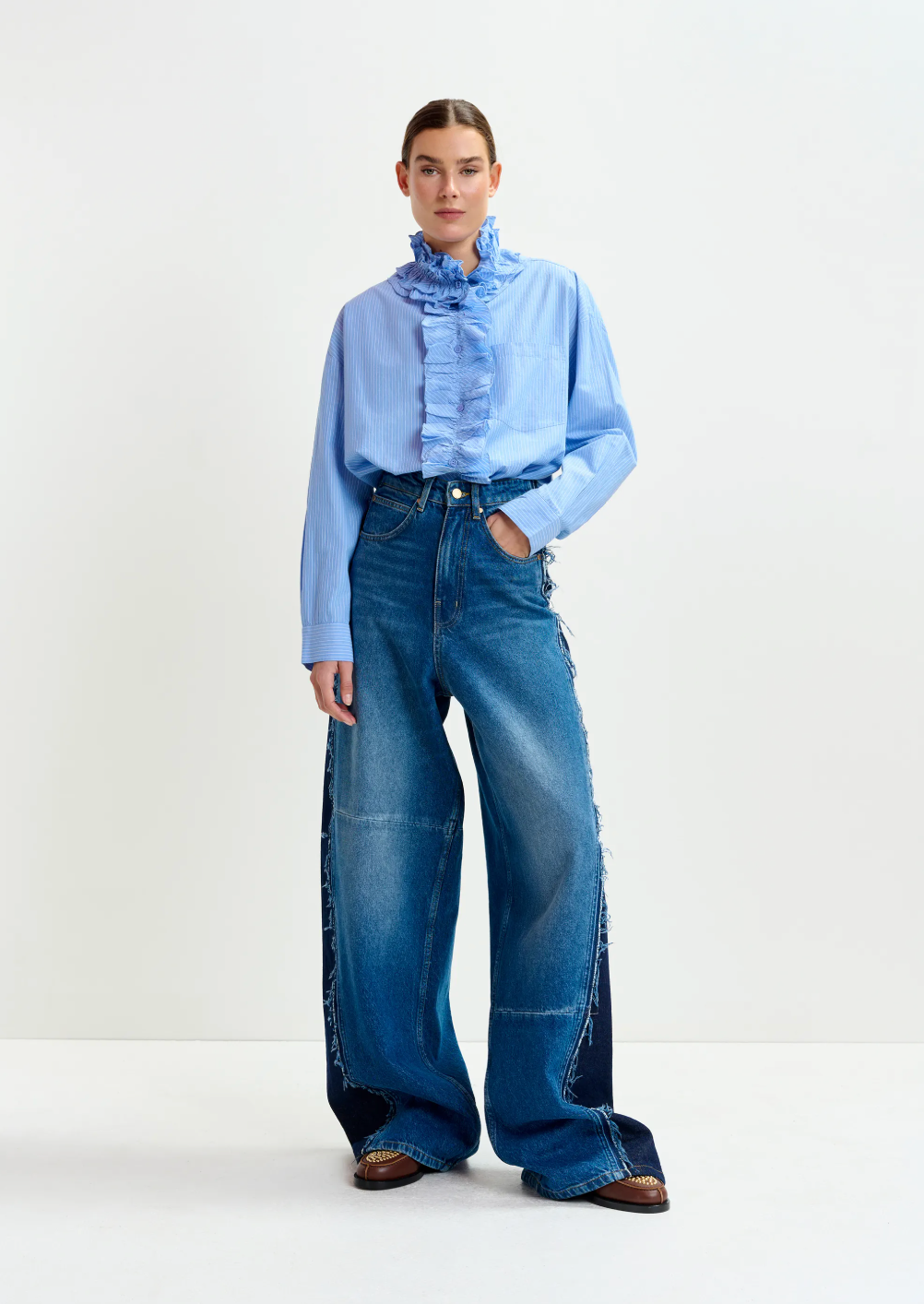 Essentiel Antwerp Ipojuca Ruffle Neckline Shirt in Pale Blue