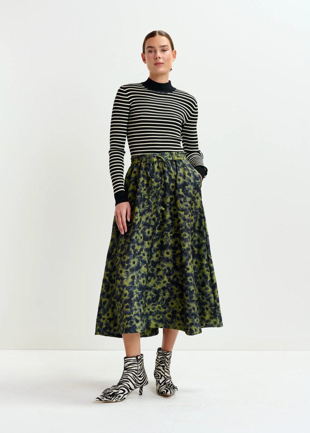 Essentiel Antwerp Isebel Elasticated Midi Skirt in Brat Olive