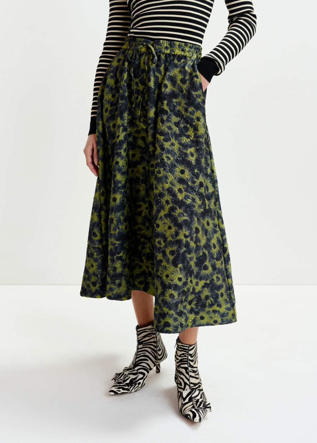 Essentiel Antwerp Isebel Elasticated Midi Skirt in Brat Olive