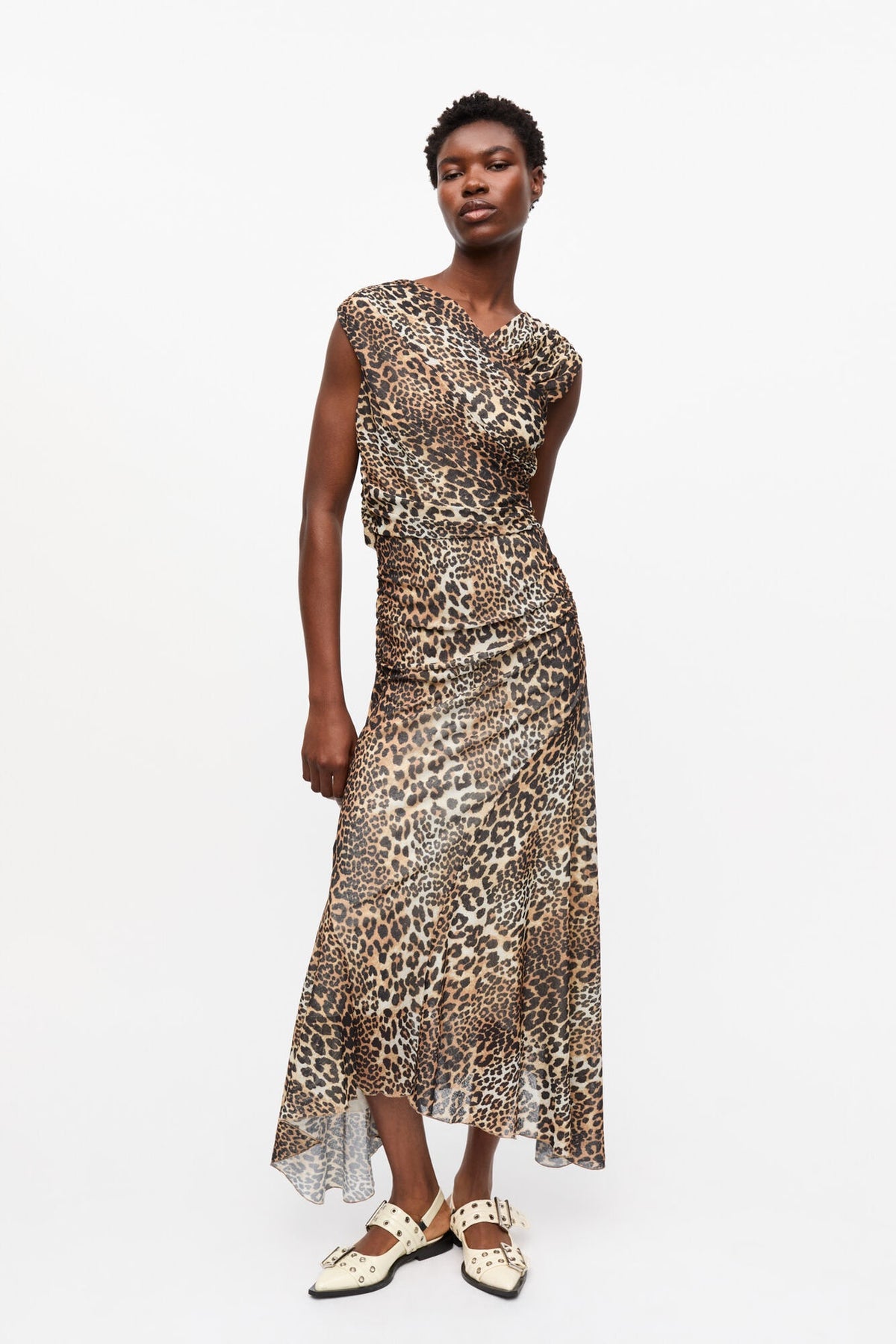 GANNI T4133 Printed Marl Mesh Dress in Leo