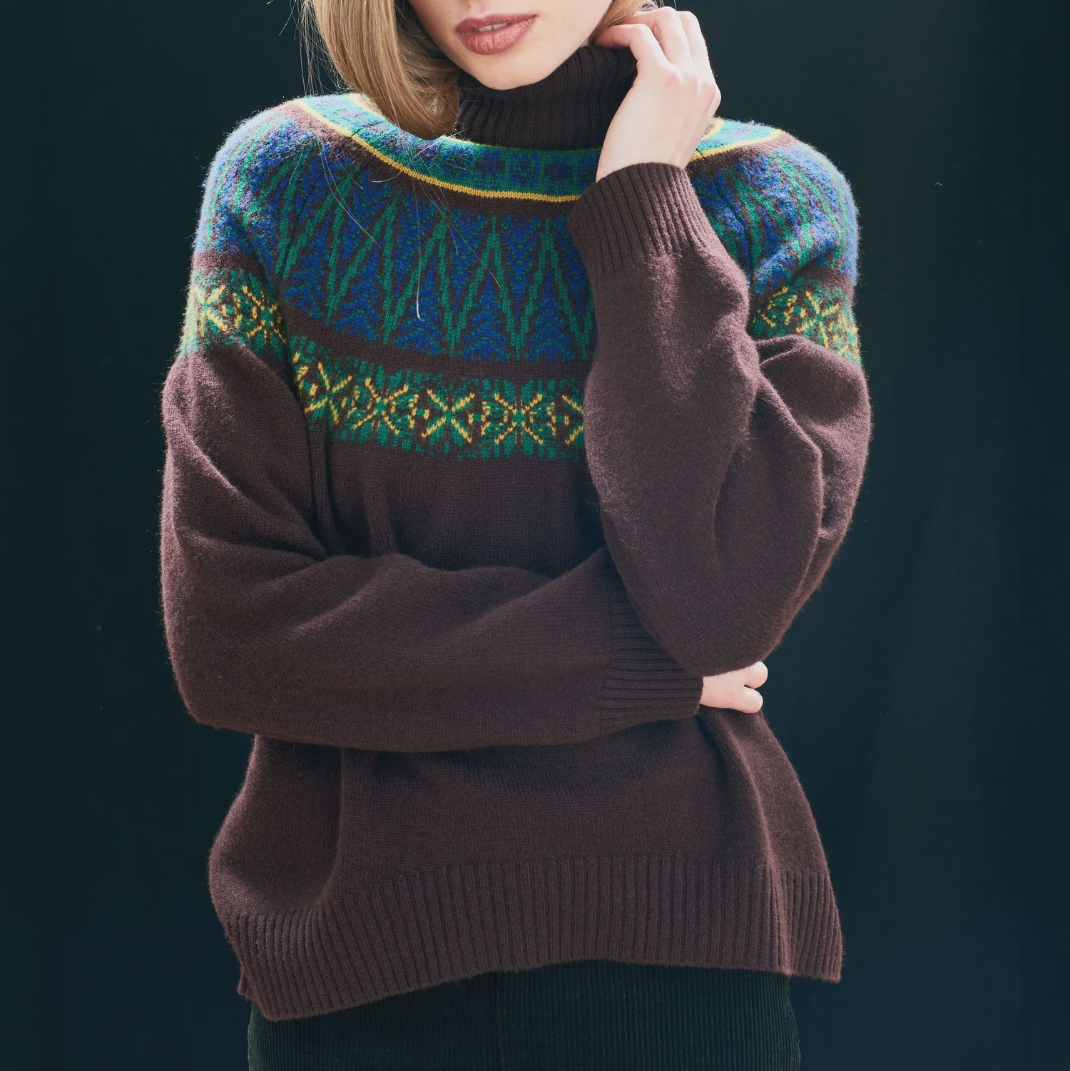 Jumper1234 Fairisle Roll Collar in Hickory, Violet, Amber