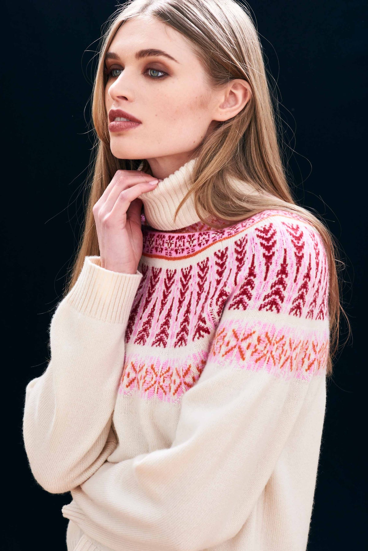 Jumper1234 Fairisle Roll Collar in Wheat, Claret, Brick