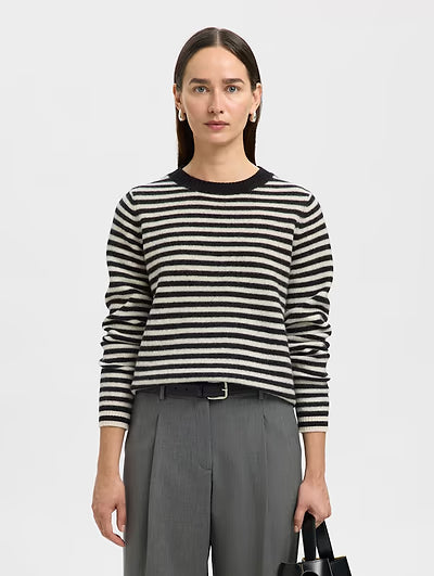 SELECTED Ana LS Knit Stripe in Black, Birch