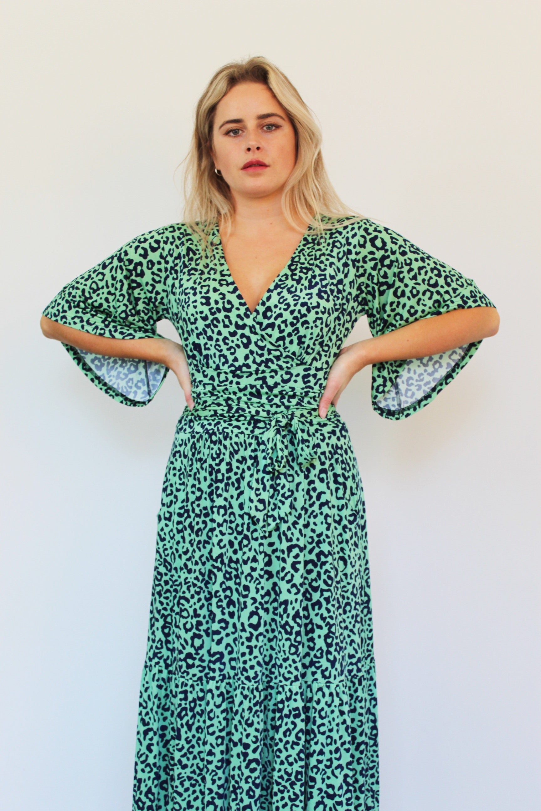 ONJENU Tilly Maxi Dress in Green Cheetah