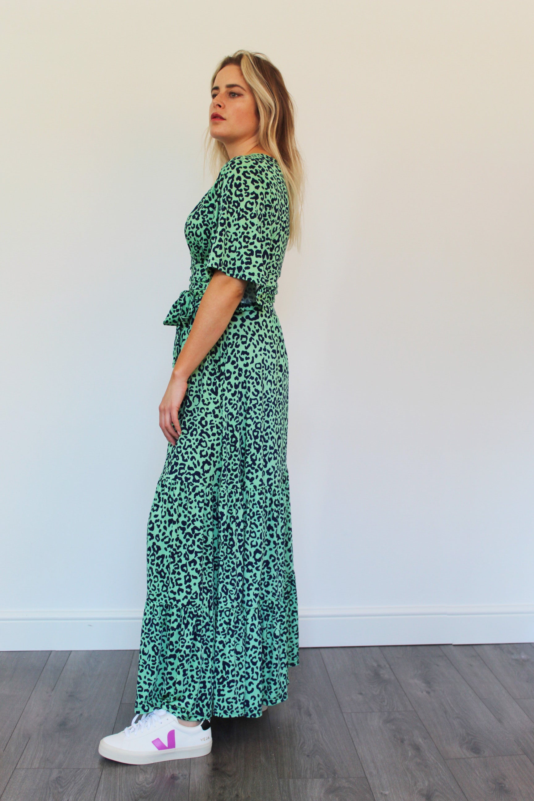 ONJENU Tilly Maxi Dress in Green Cheetah