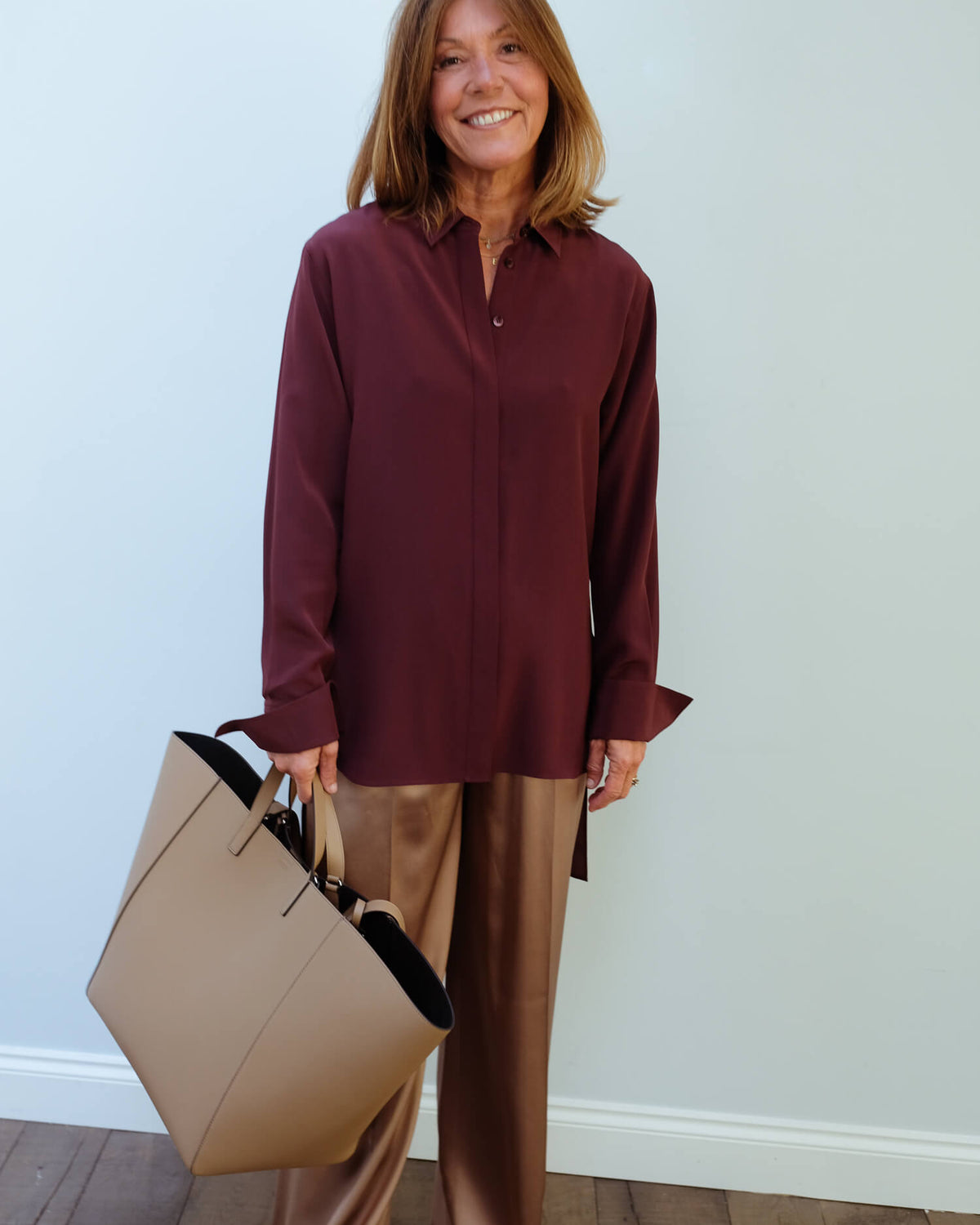 JOSEPH Bold crepe de chine blouse in ganache