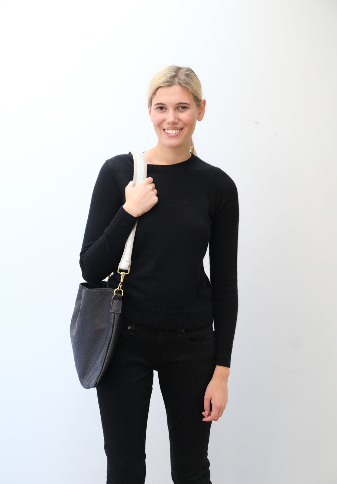SLP Zaza bag in black with ostrich motif, silver strap