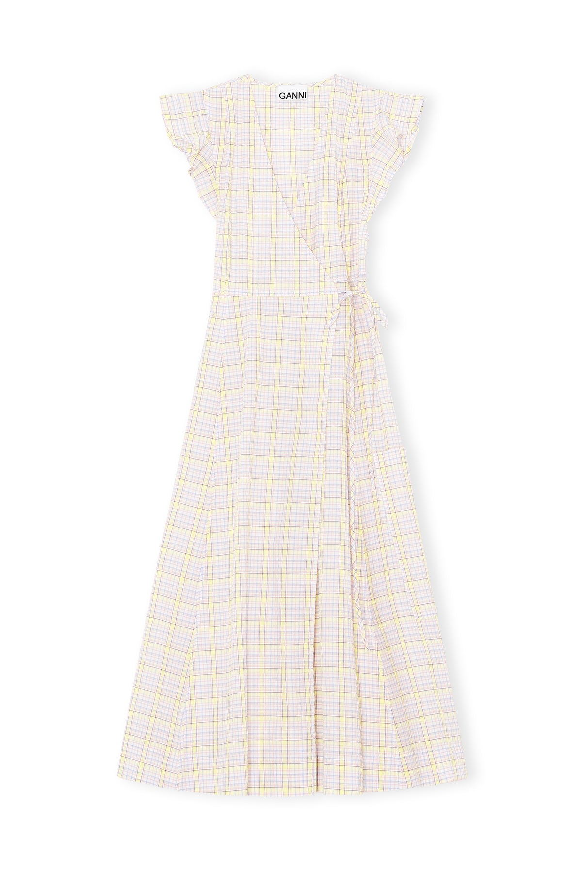 GANNI F6067 Seersucker Check Wrap Dress in Multi