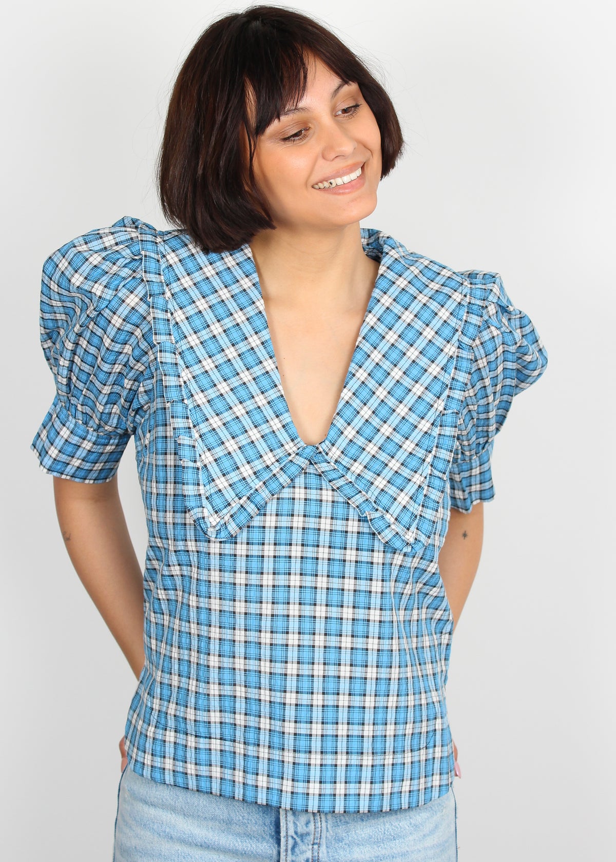 Ganni checked azure blue cotton-blend shirt