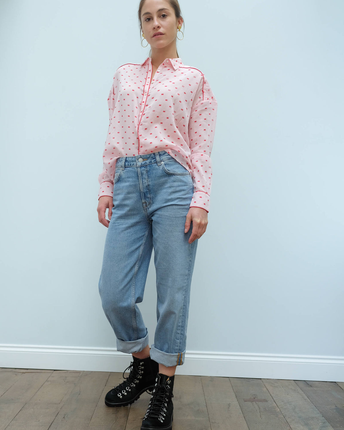 AB 150655 Boxy fit printed shirt in pink and red