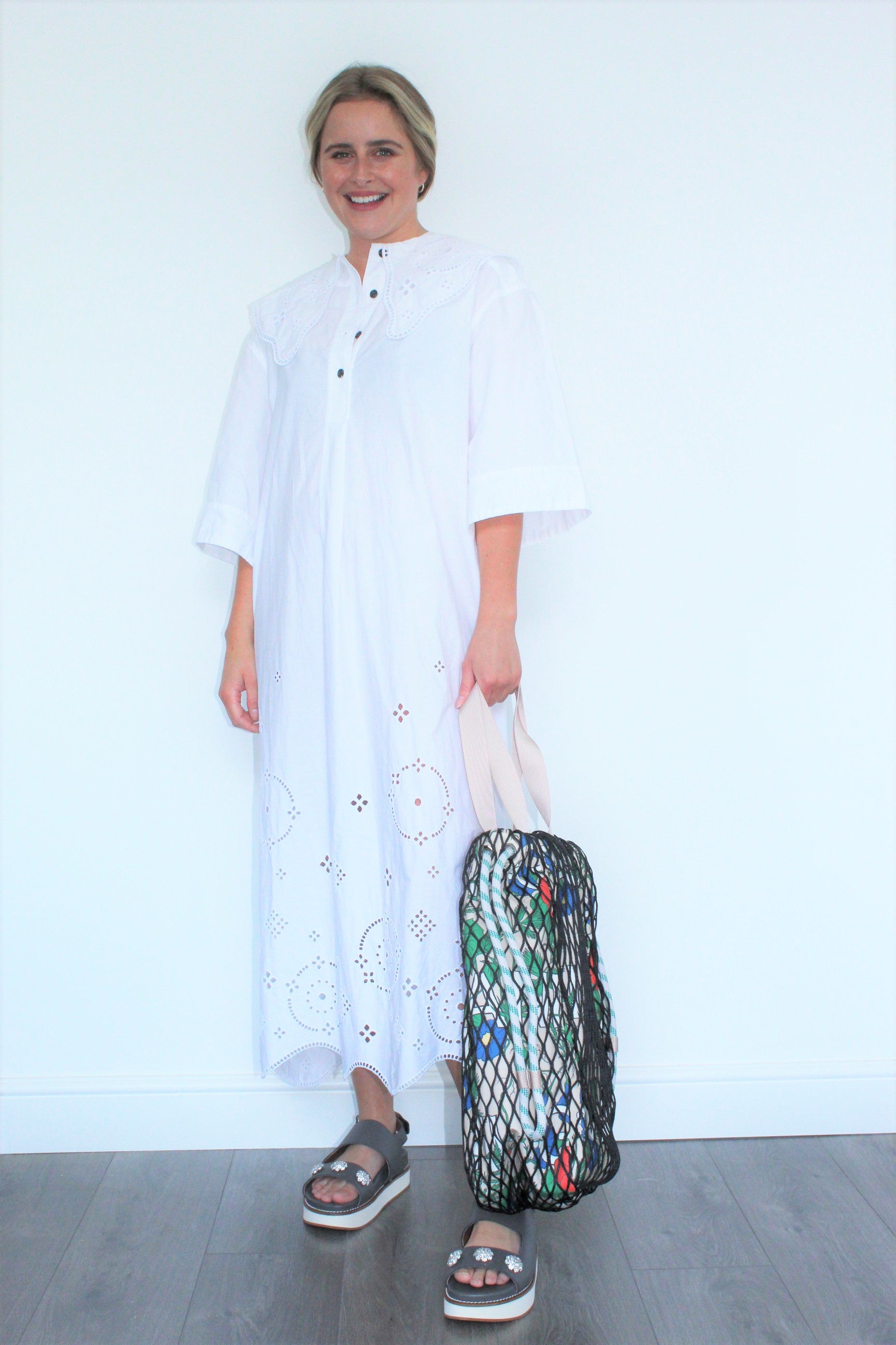 GANNI F5990 Broderie Oversized Dress in White