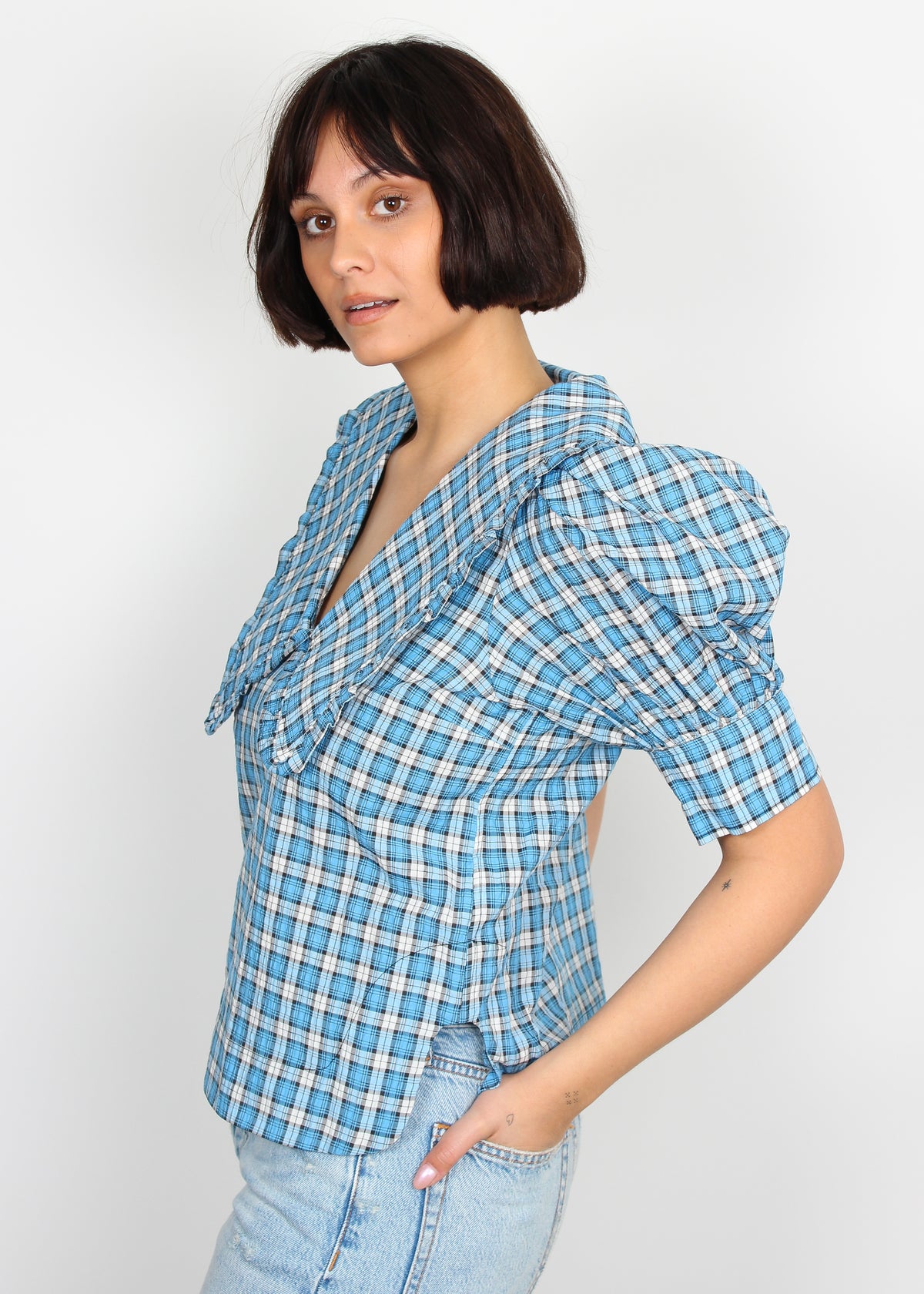 Ganni checked azure blue cotton-blend shirt