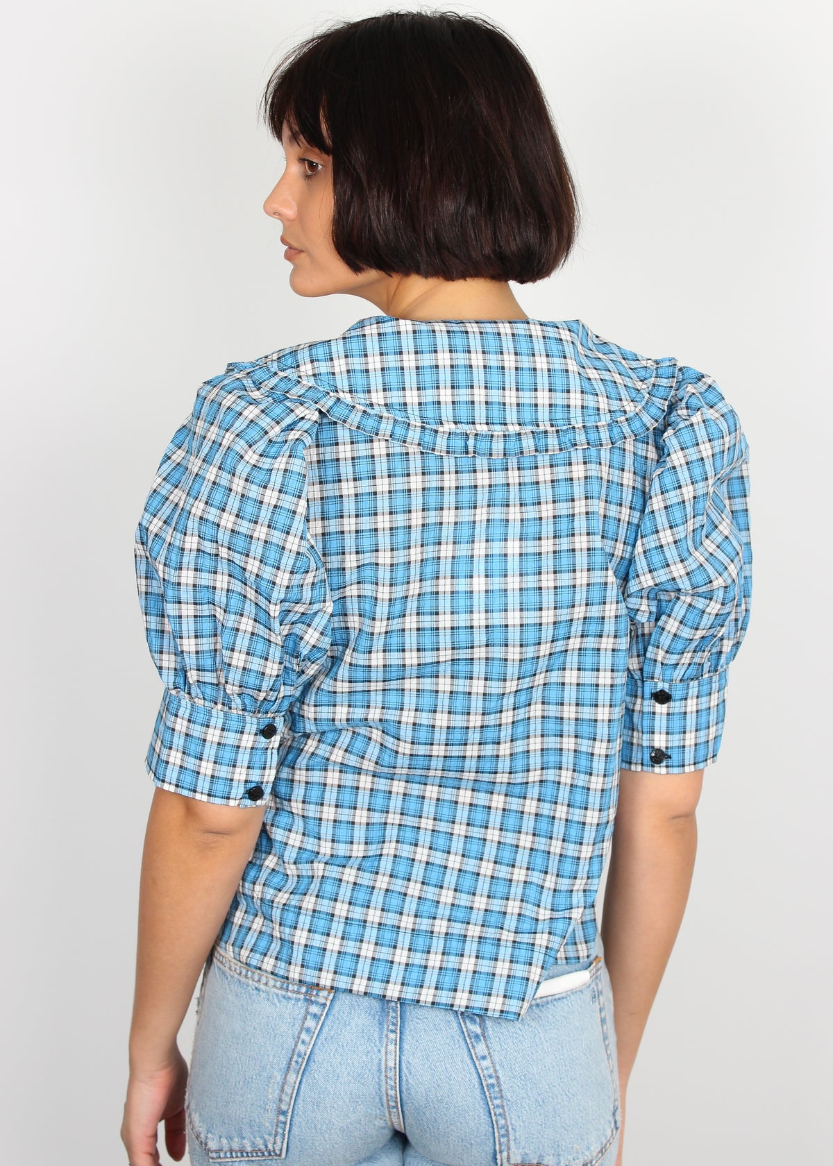 Ganni checked azure blue cotton-blend shirt