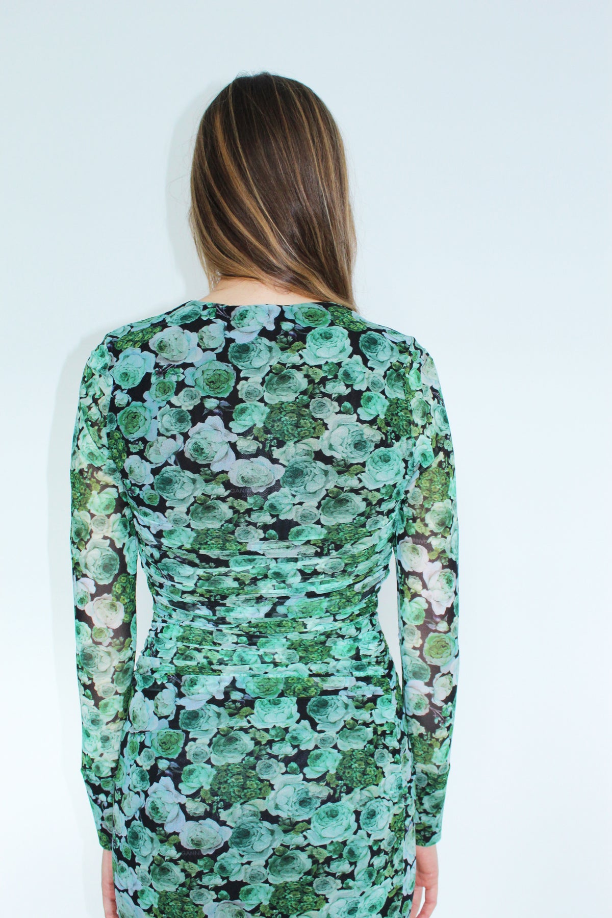 GANNI T2853 Printed Mesh Dress in Kelly Green