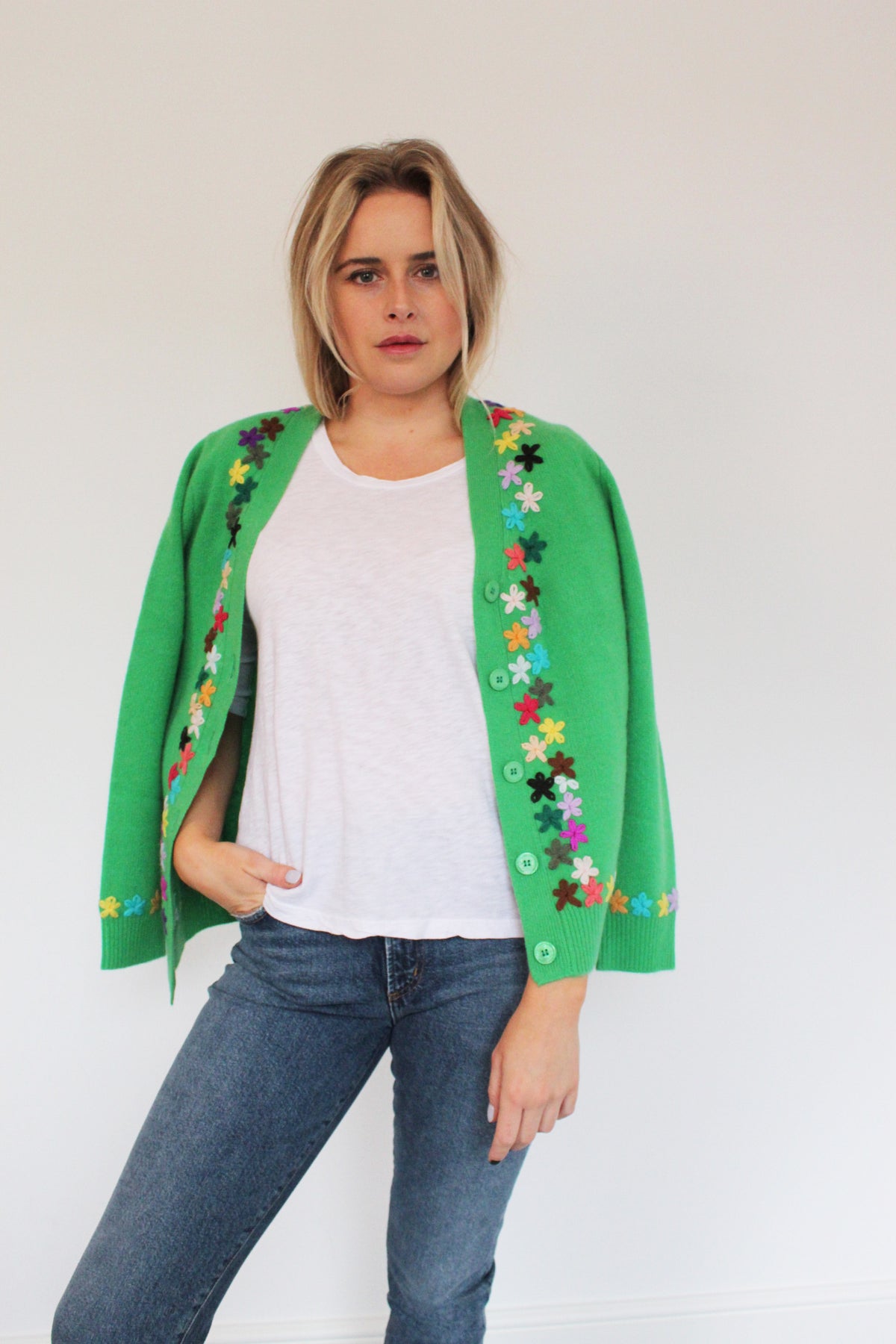 JU Embroidered Cardigan in Bright Green