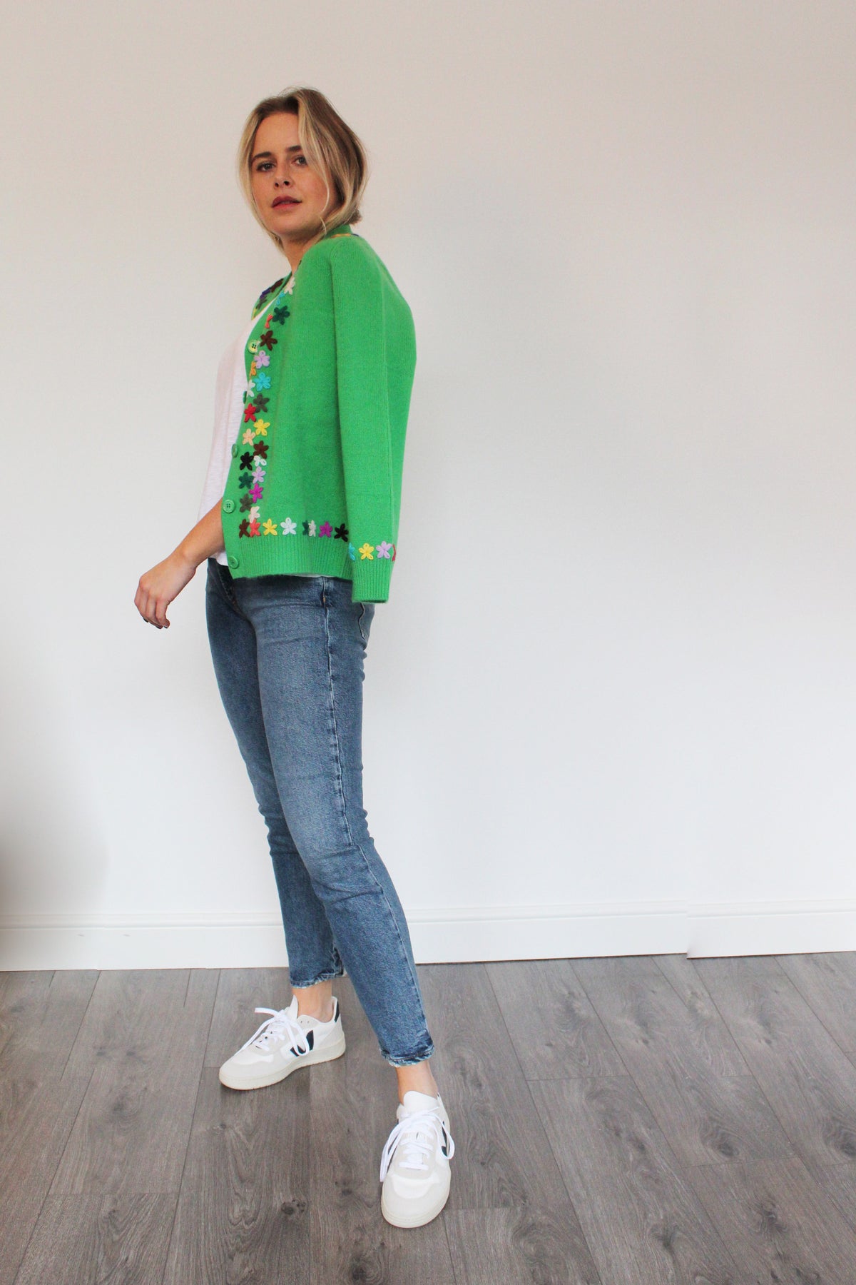 JU Embroidered Cardigan in Bright Green