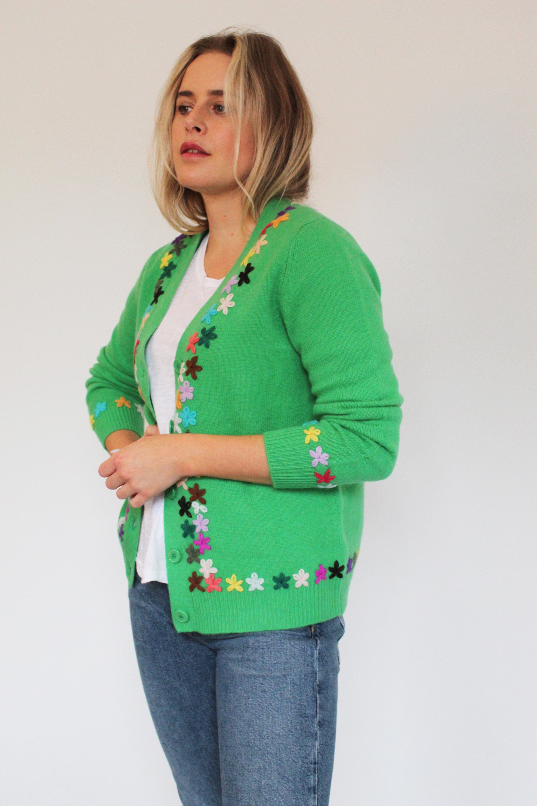 JU Embroidered Cardigan in Bright Green