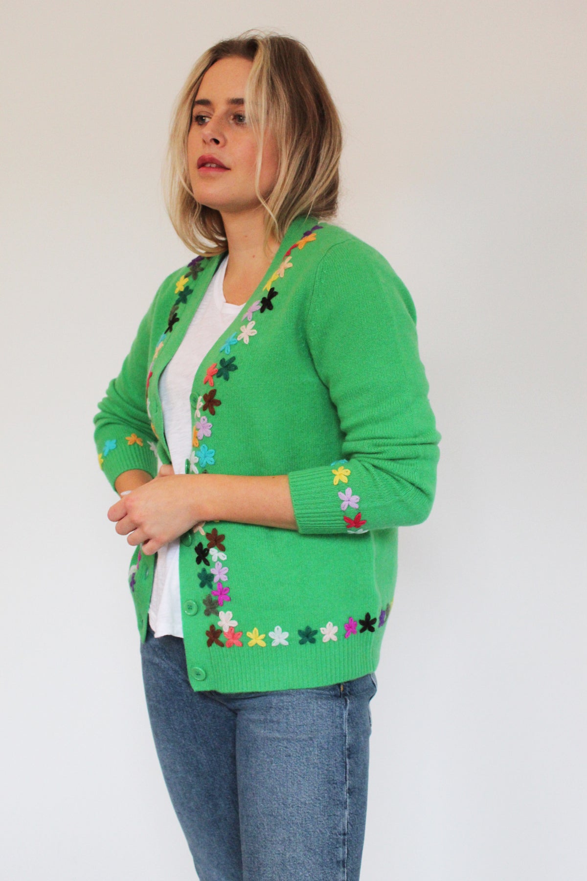 JU Embroidered Cardigan in Bright Green