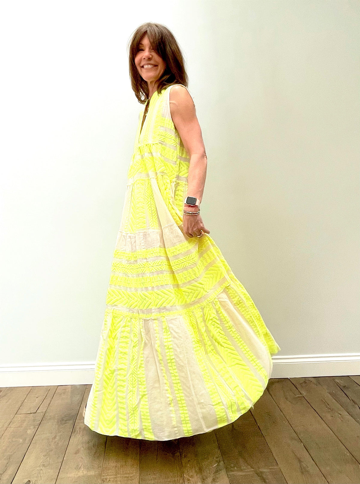 D SL Long Dress in Neon Lime, White