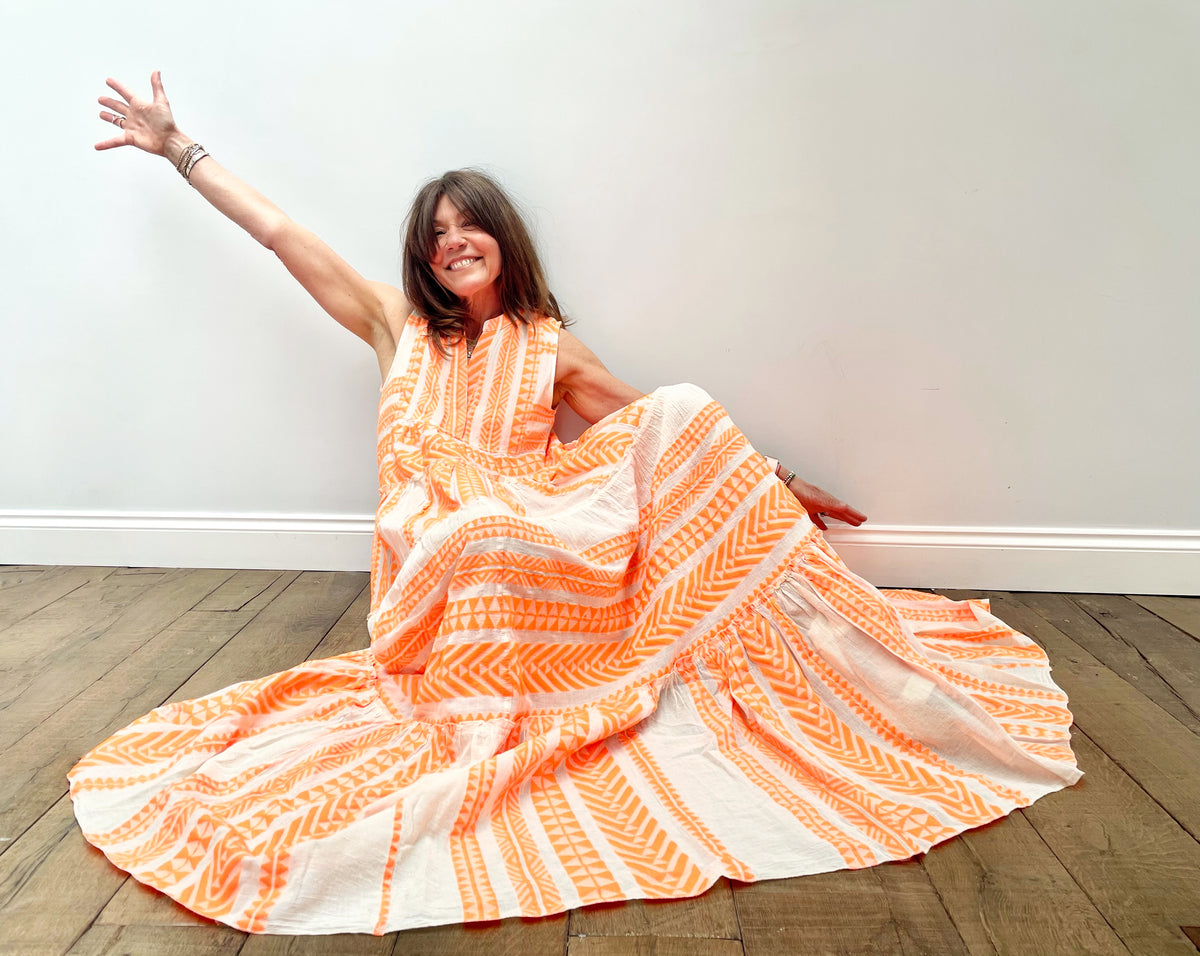 D SL Long Dress in Neon Orange, White