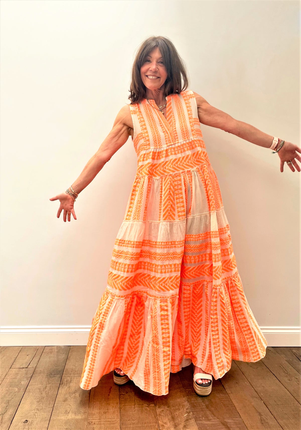 D SL Long Dress in Neon Orange, White