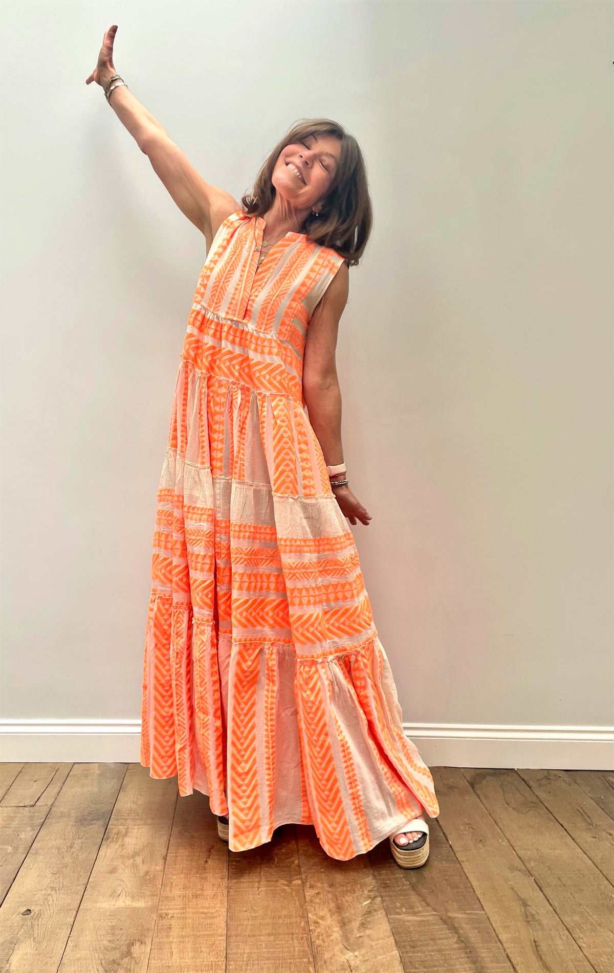 D SL Long Dress in Neon Orange, White