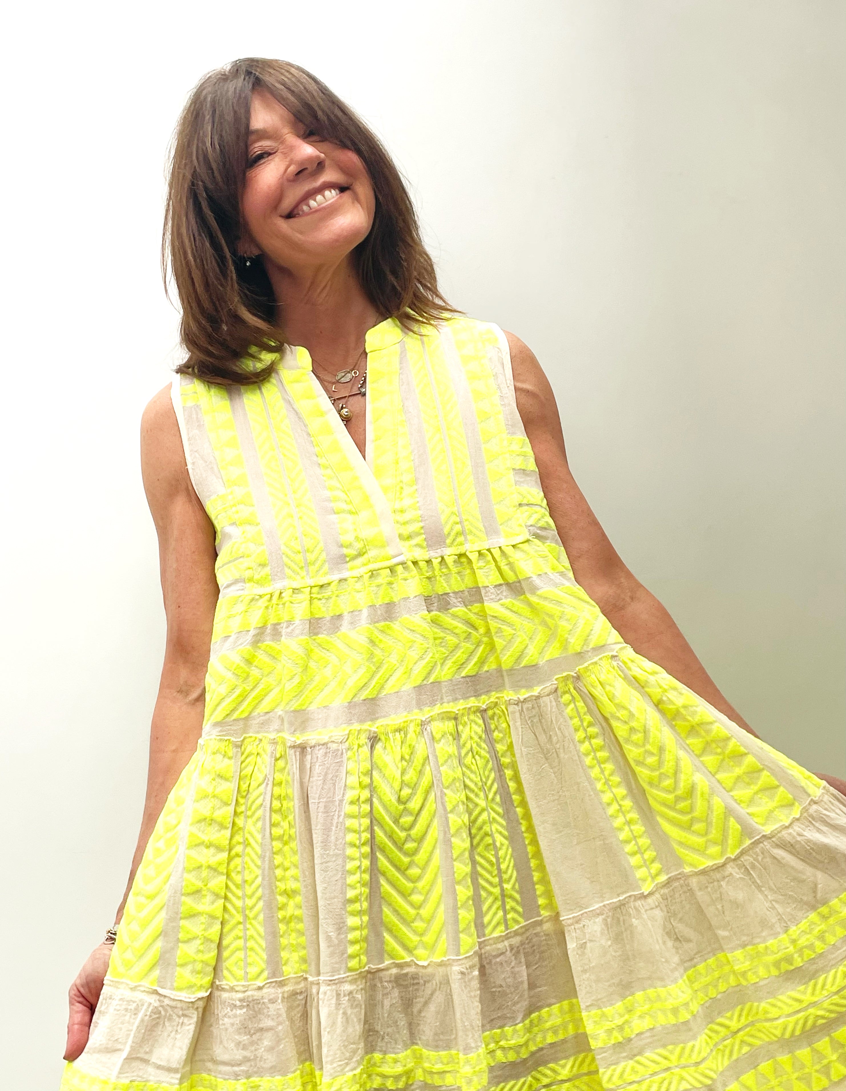 D SL Long Dress in Neon Lime, White