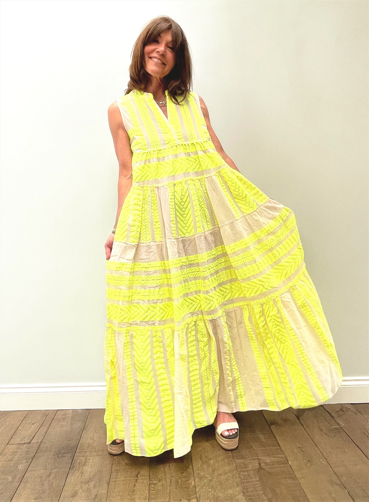 D SL Long Dress in Neon Lime, White