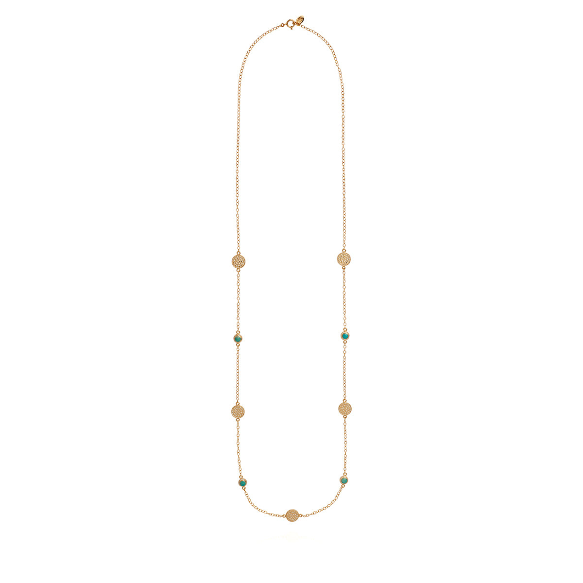 AB NK10085 Long multi disc necklace in gold, turquoise