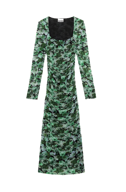 GANNI T2853 Printed Mesh Dress in Kelly Green