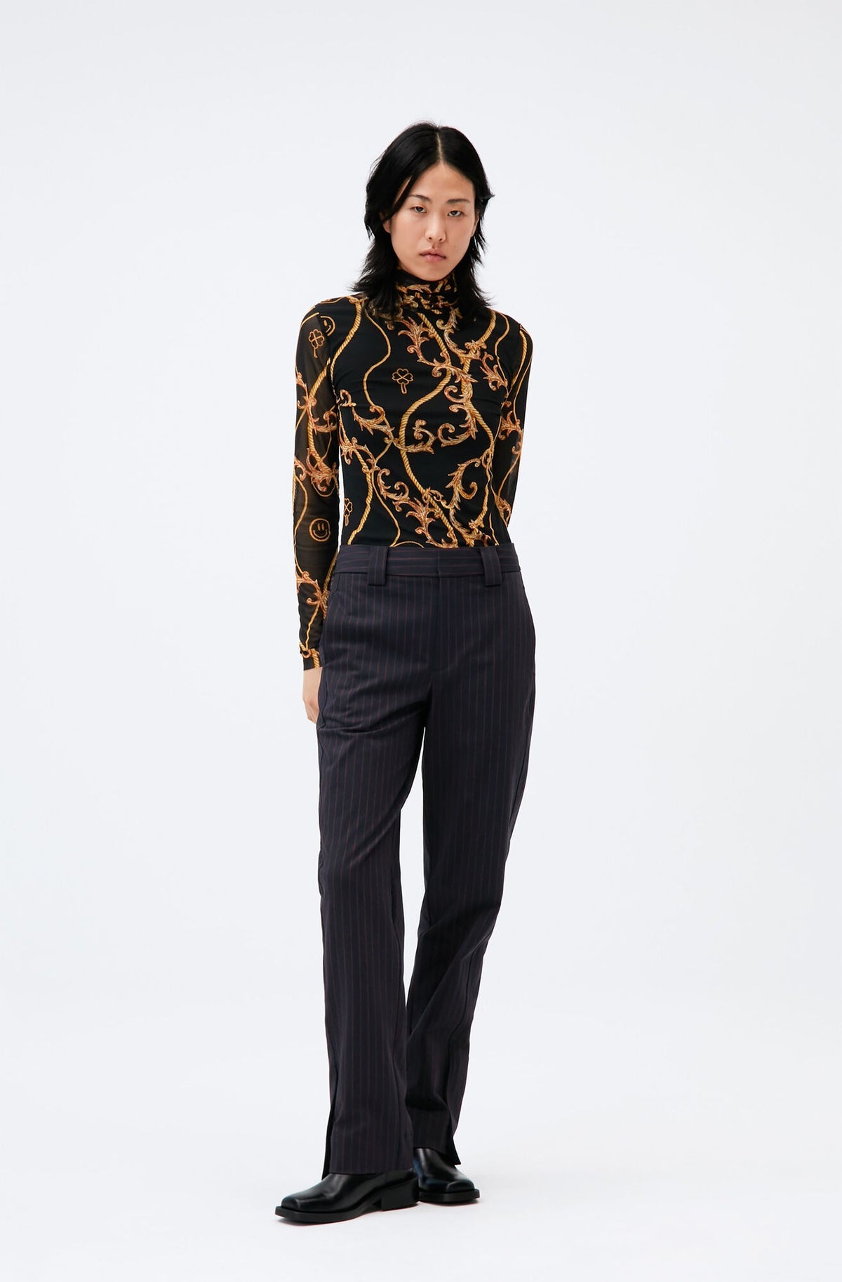 Ganni T2998 ornate-print roll-neck top