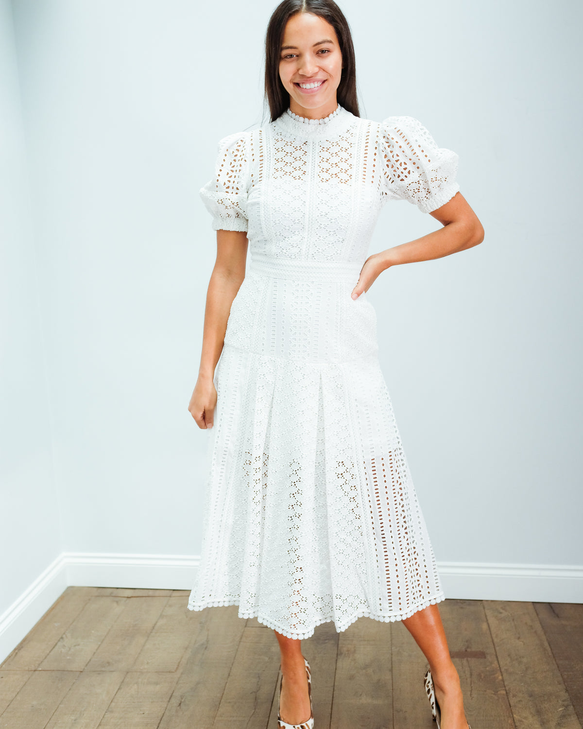 SP 011 Cotton broderie midi dress in white