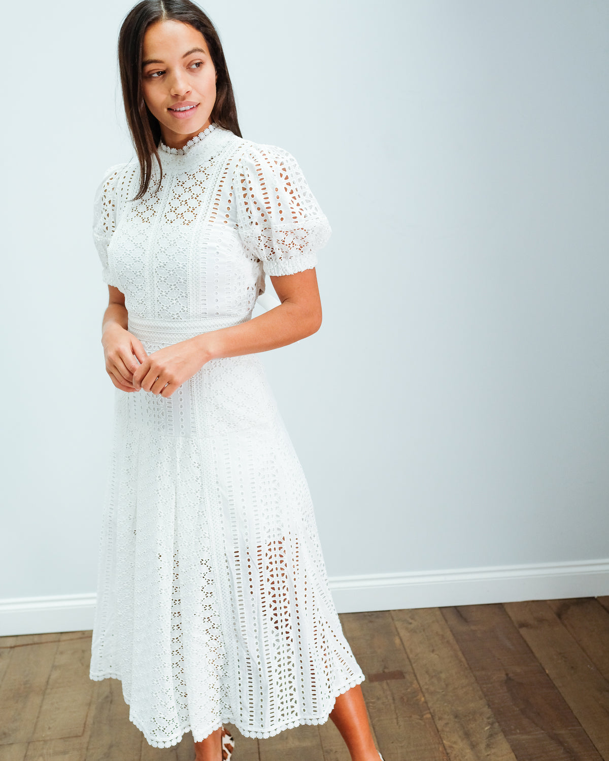 SP 011 Cotton broderie midi dress in white