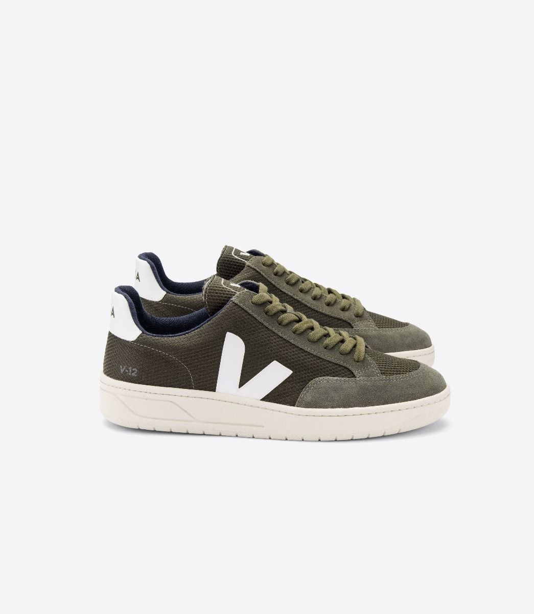 VEJA 11665 V12 Mesh Trainers in Olive and White