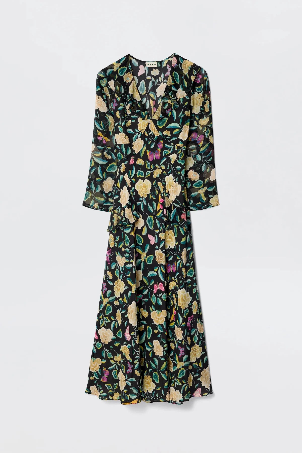 RIXO Cedar Dress in Butterfly Floral Charcoal