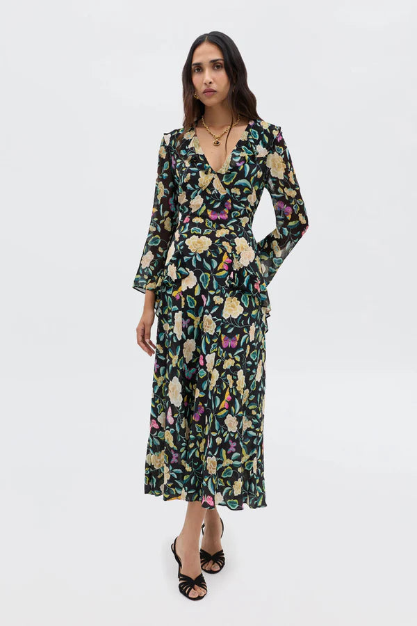 RIXO Cedar Dress in Butterfly Floral Charcoal