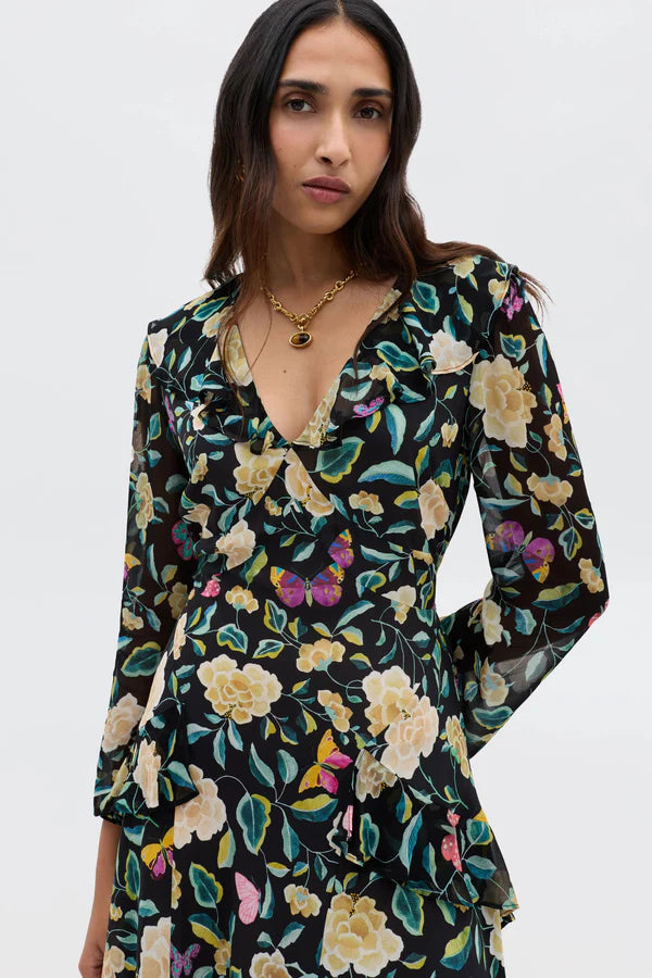 RIXO Cedar Dress in Butterfly Floral Charcoal