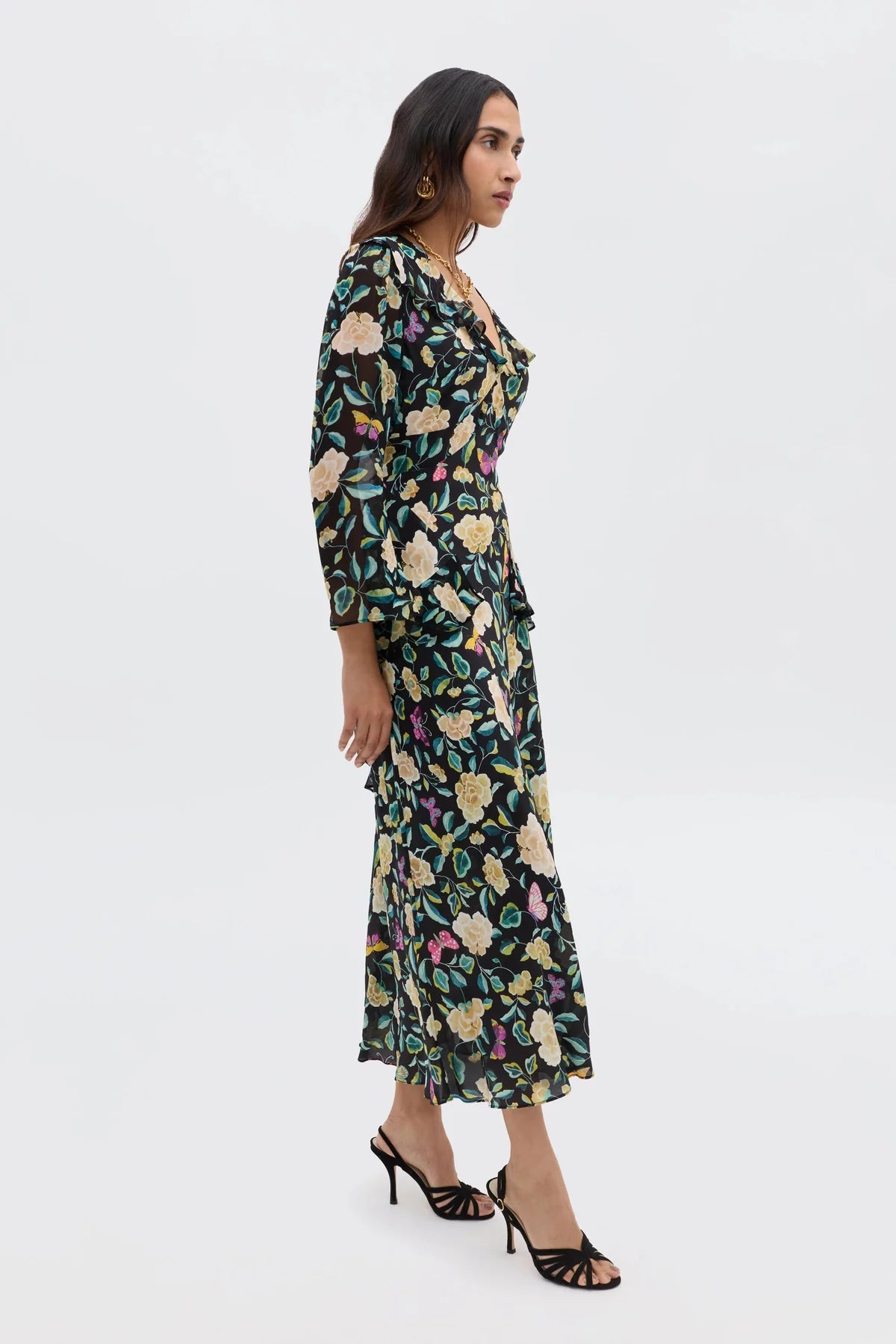 RIXO Cedar Dress in Butterfly Floral Charcoal