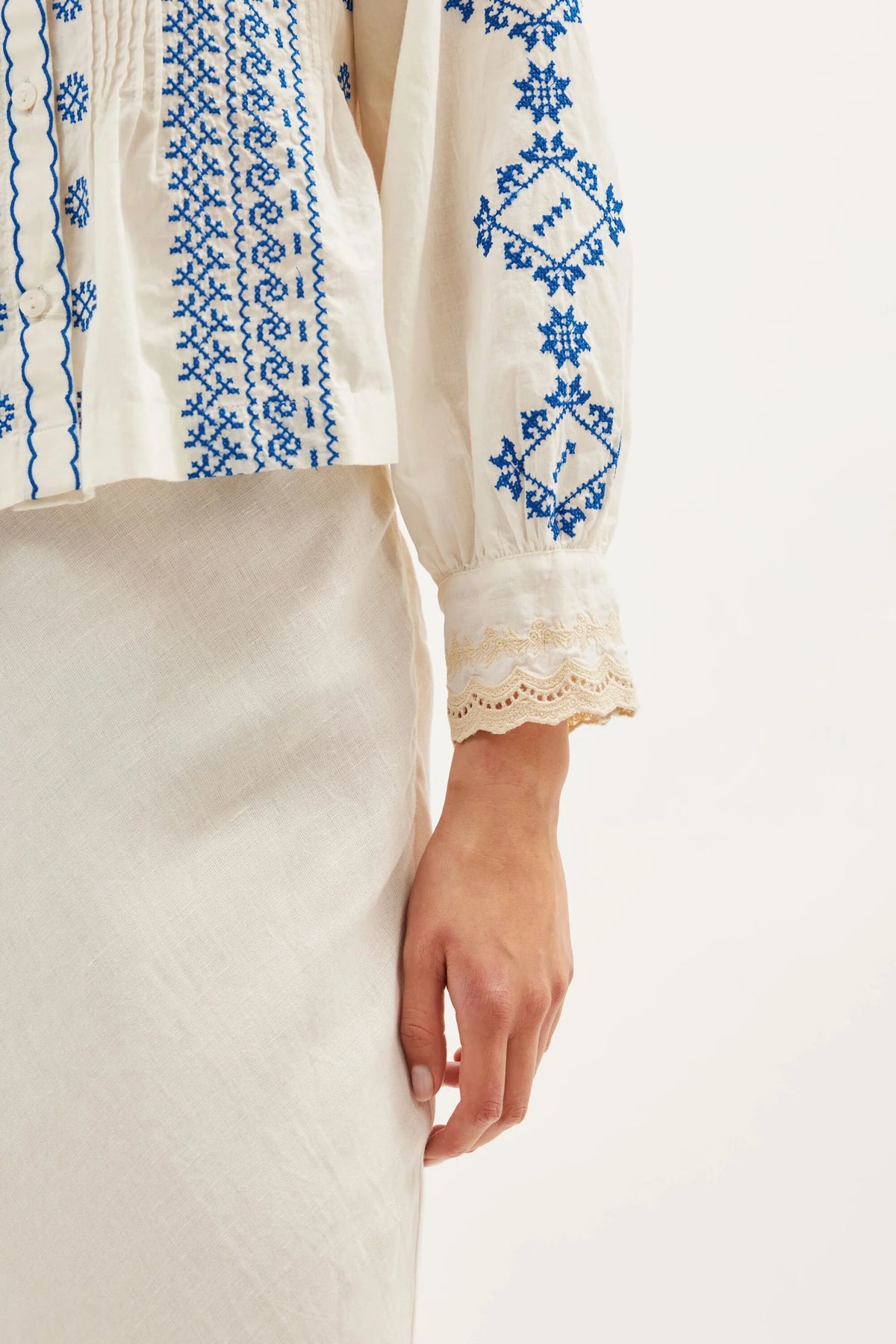 RIXO Percy Top in Mila Embroidery Cream