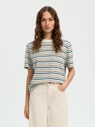 SELECTED Essential SS Striped Boxy Tee in Cashmere Blue, Multi Strip