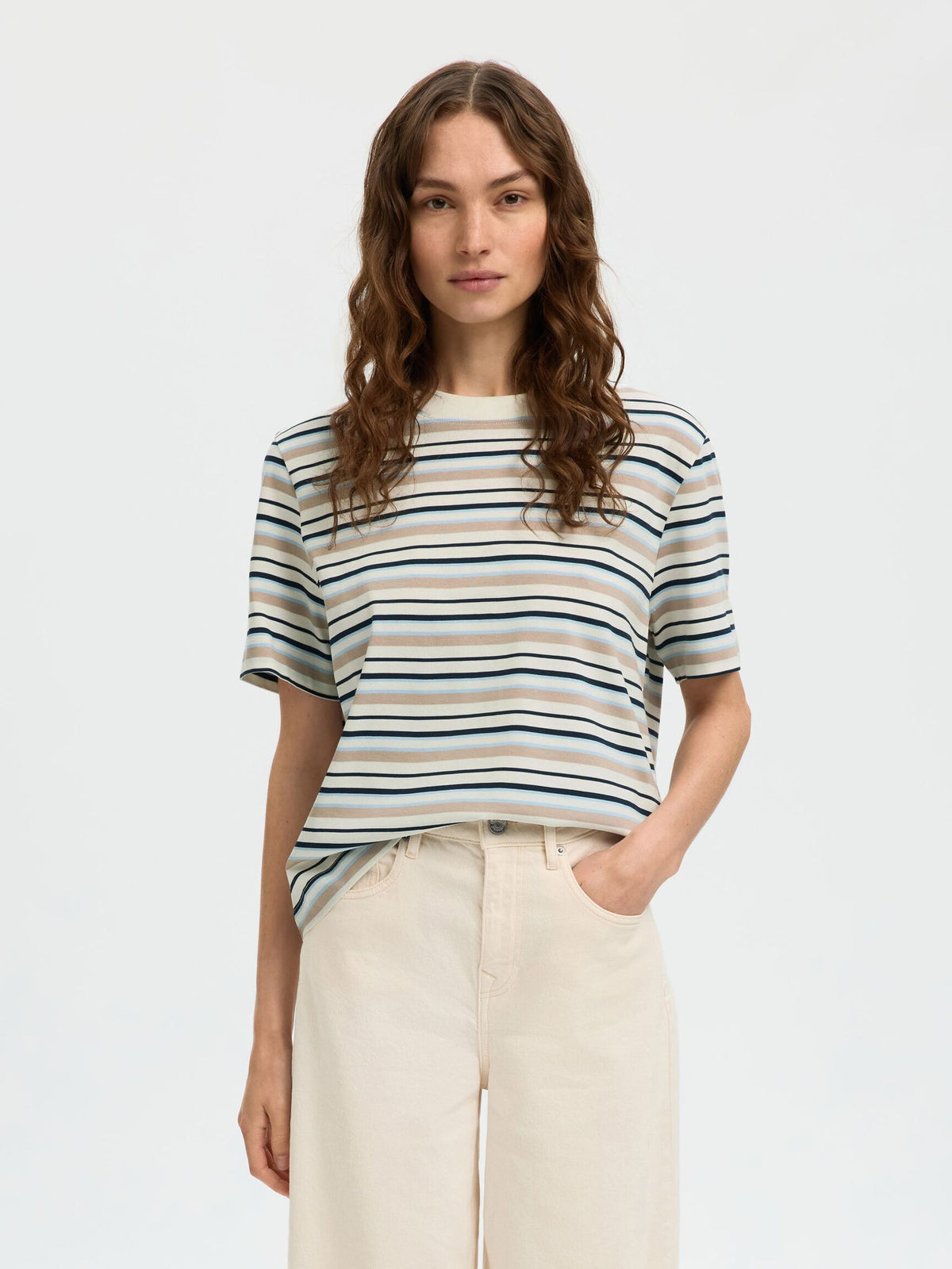 SELECTED Essential SS Striped Boxy Tee in Cashmere Blue, Multi Strip