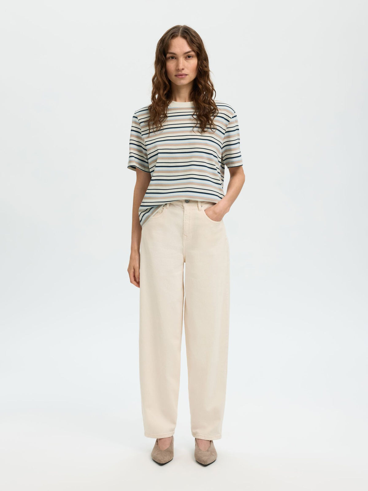 SELECTED Essential SS Striped Boxy Tee in Cashmere Blue, Multi Strip
