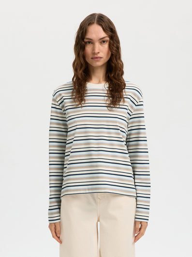 SELECTED Essential LS Striped Boxy Tee in Cashmere Blue, Multi stripe
