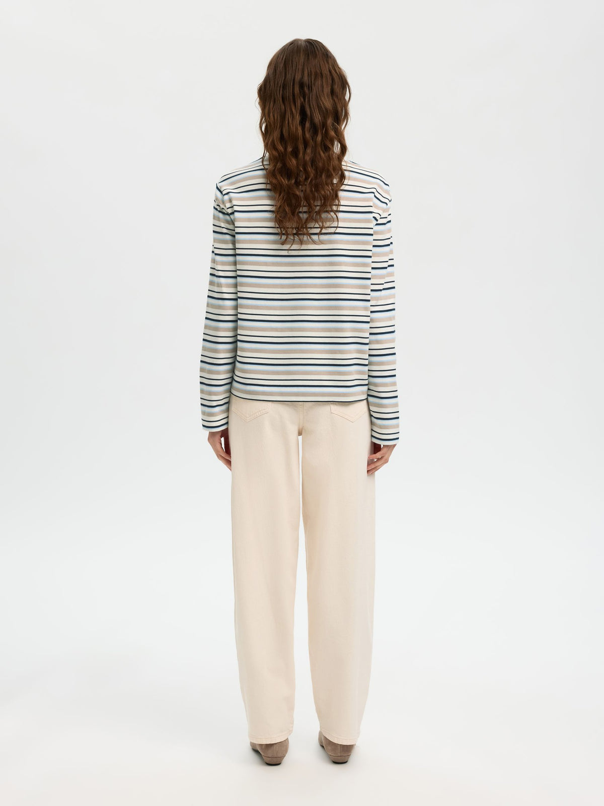 SELECTED Essential LS Striped Boxy Tee in Cashmere Blue, Multi stripe