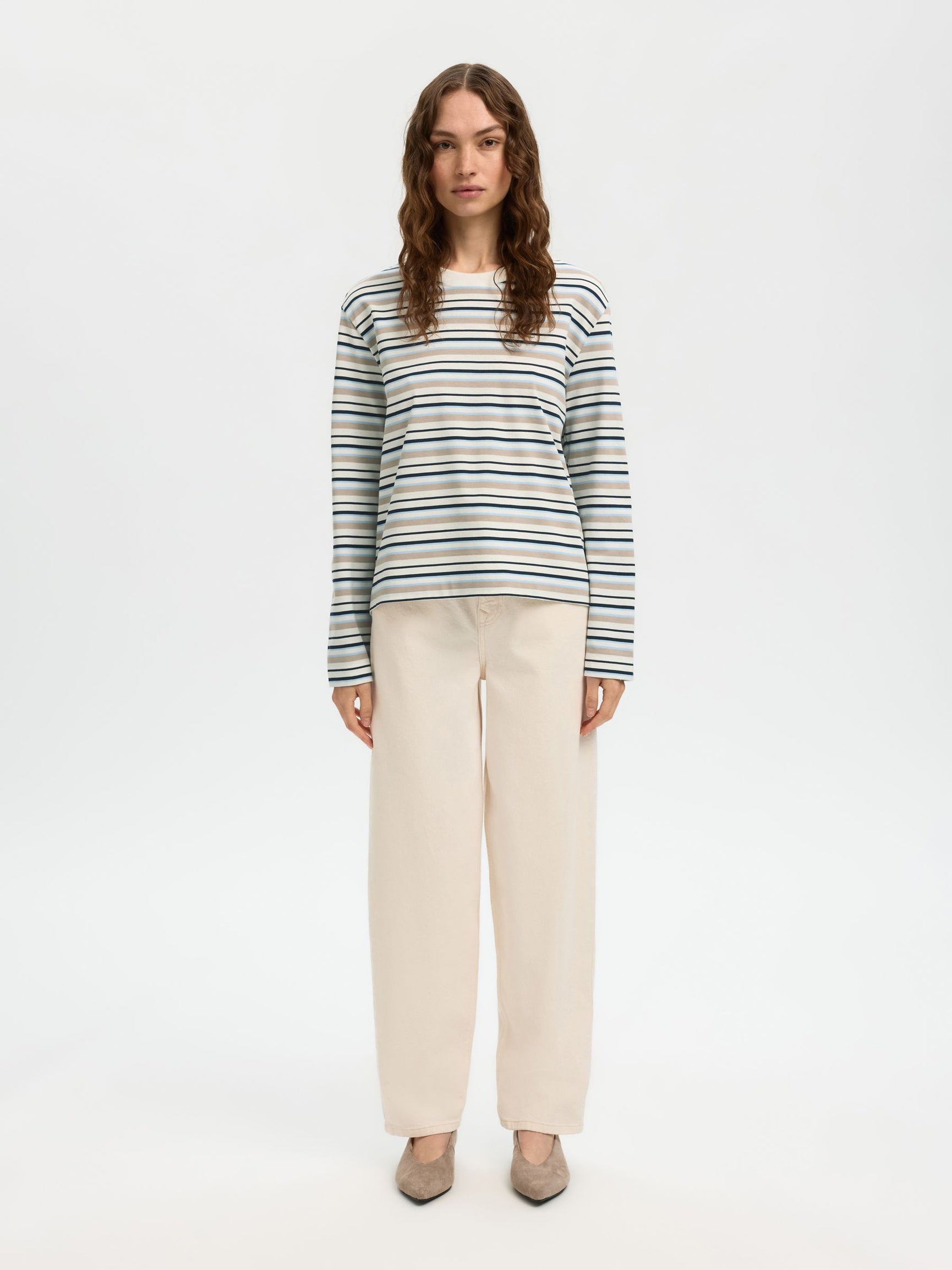SELECTED Essential LS Striped Boxy Tee in Cashmere Blue, Multi stripe